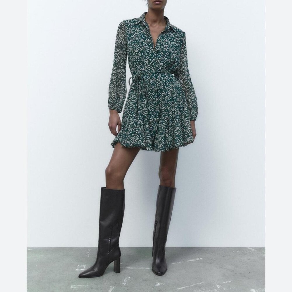 SM & XS Zara Green Floral Chiffon Mini Dress